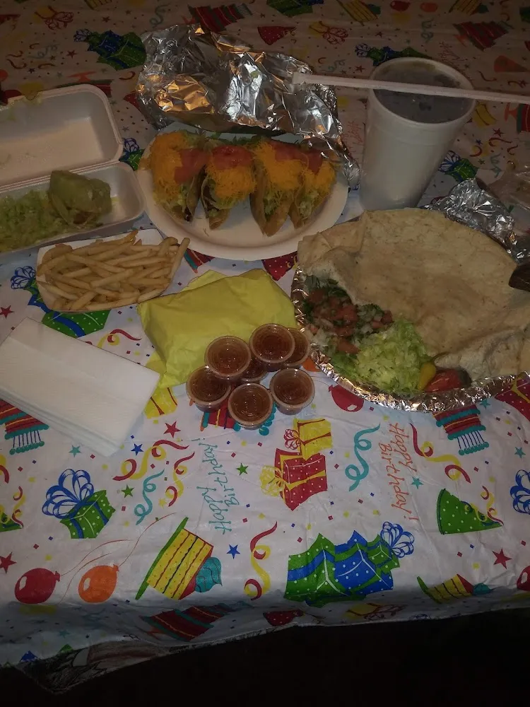 Shredded Beef Tacos Chicken Taco Chili Verde Burrito Shredded Beef Quesadilla and French Fries